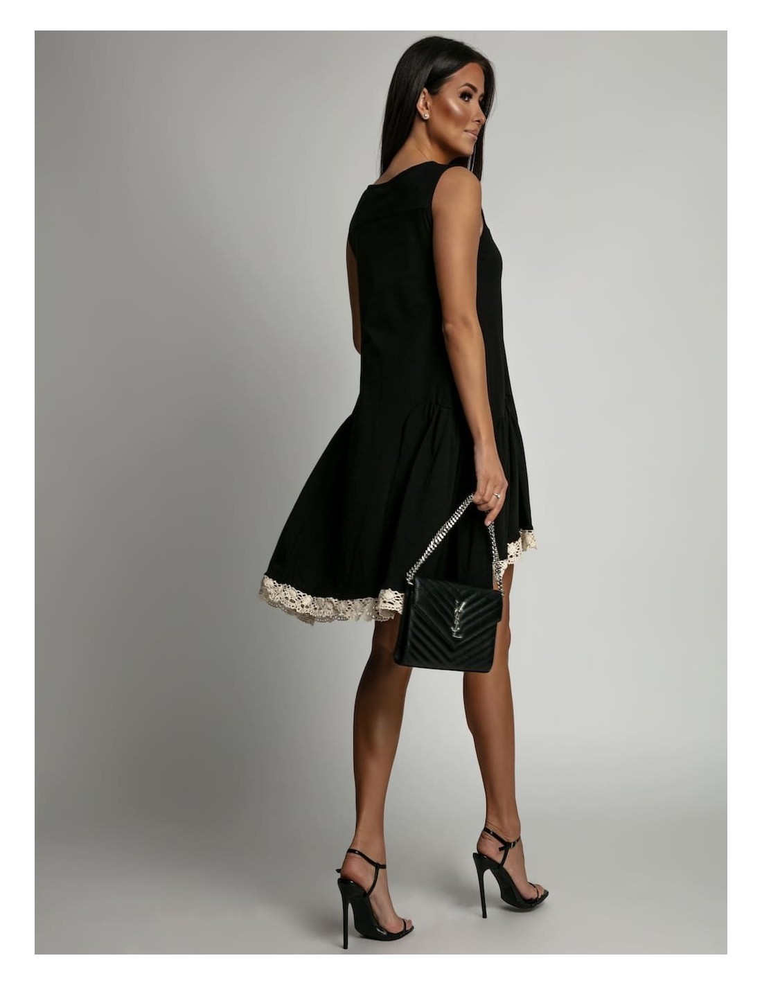 Dress with ruffles and guipure, black 2571 - Online store - Boutique